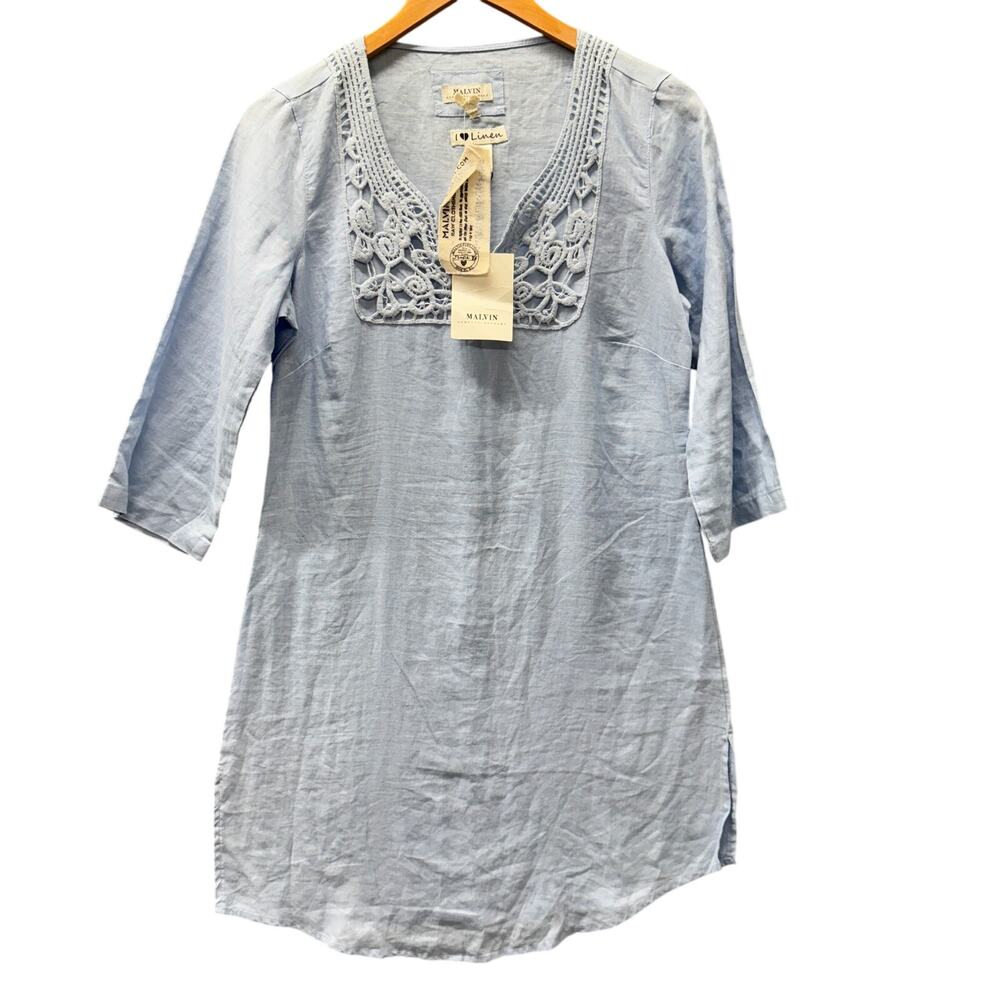 Malvin Dress Womens Medium Blue I Love Linen‎ Tunic Coastal 3/4 Sleeve NEW